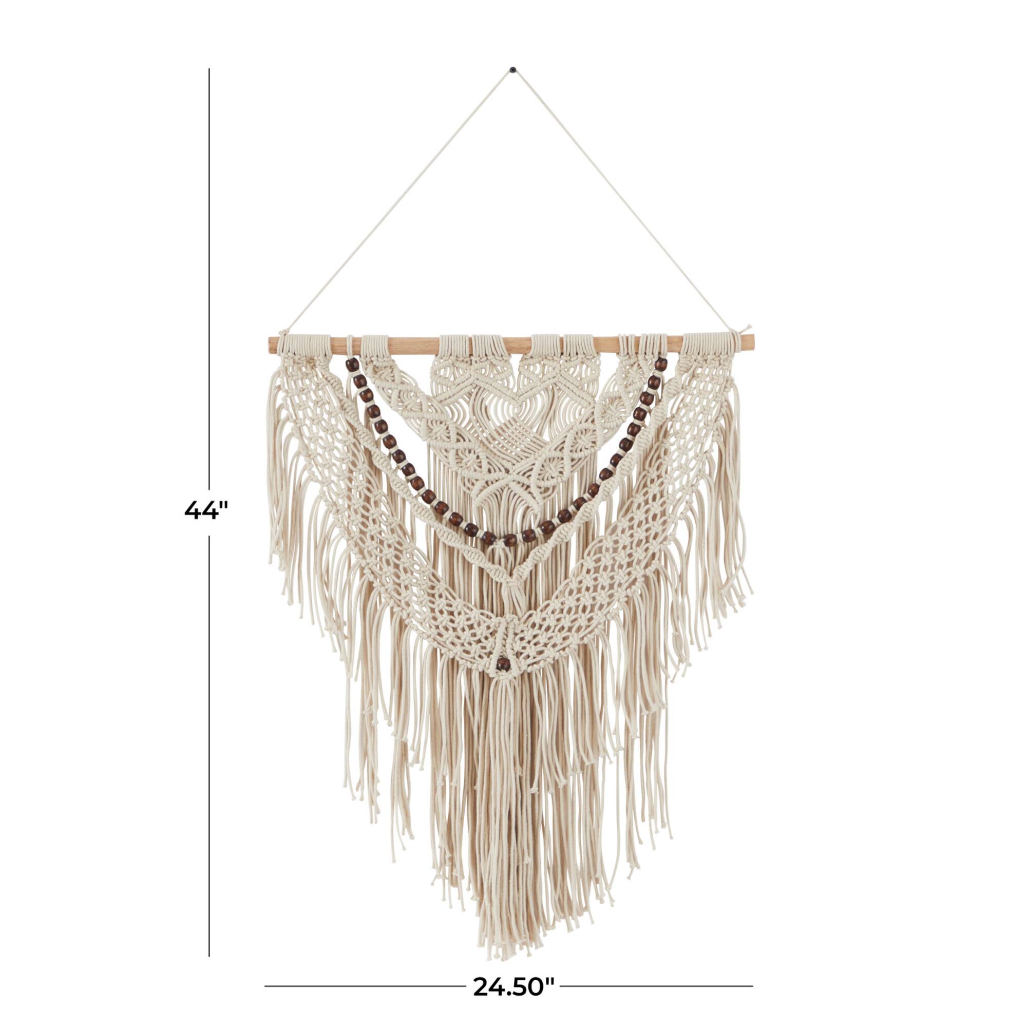 Cream Cotton Intricately Weaved Macrame Wall Decor with Beaded Fringe Tassels 25" x 1" x 44"